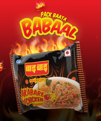 Packaging of Akabare Chicken Flavour with fiery design and 'Pack Baata Babaal' text on a red background.