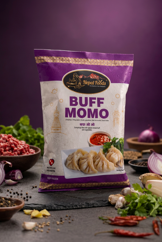 Packaged Buff Momo with ingredients on a dark background