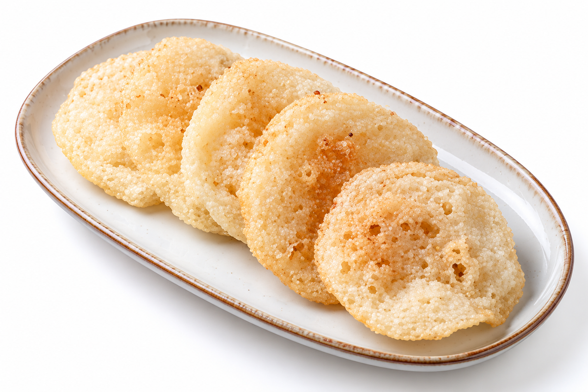 Five golden-brown, porous fried snacks arranged on an oval white ceramic plate with a brown rim, set against a clean white background.
