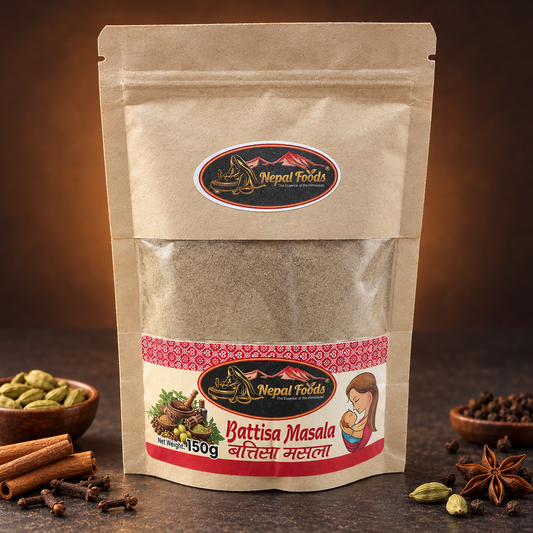 A 150g stand-up pouch of Nepal Foods Battisa Masala spice blend, displayed on a dark rustic surface surrounded by whole spices like cinnamon, cardamom, cloves, and star anise.