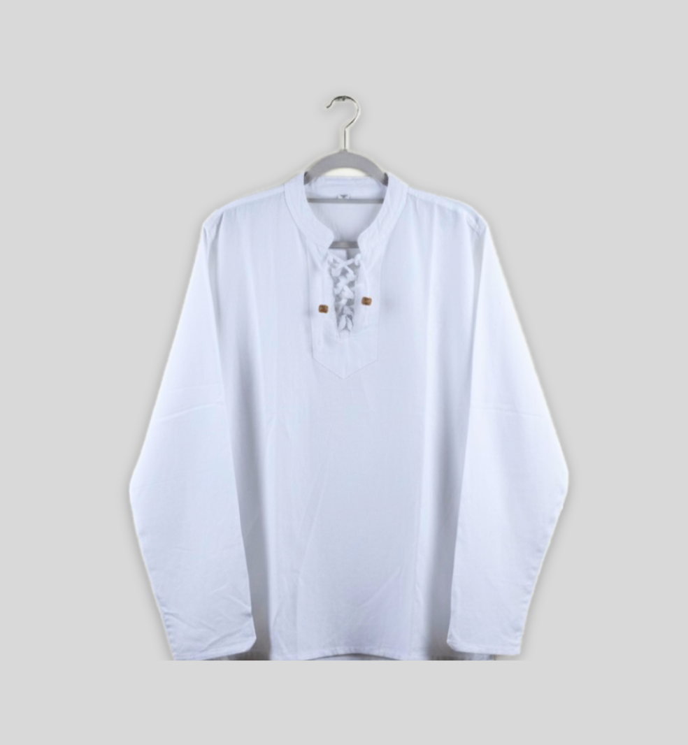 White long-sleeve shirt with lace-up details on a hanger against a light gray background