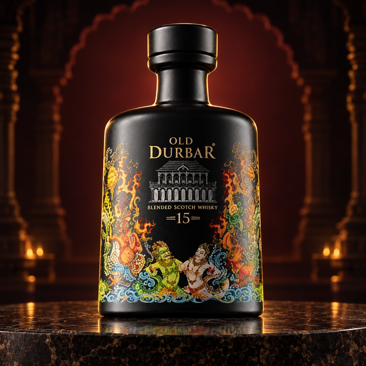 A bottle of Old Durbar 15-year blended Scotch whisky, featuring a black label with gold lettering and a vibrant, colorful illustration of figures and flames, displayed on a dark marble pedestal against a warm, atmospheric background.