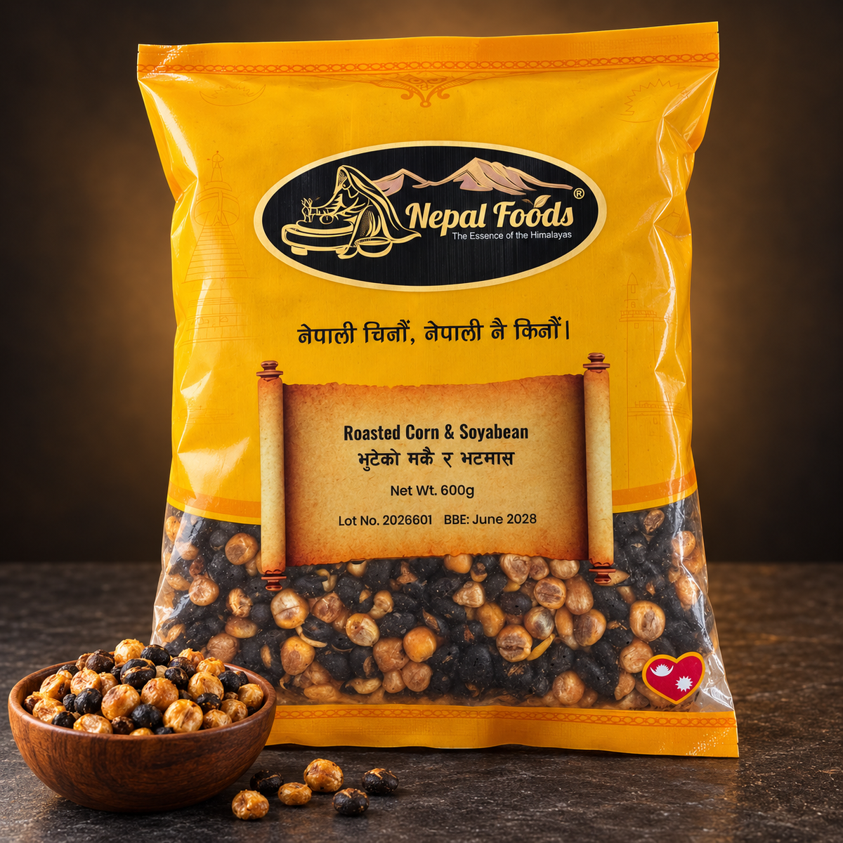 A yellow bag of Nepal Foods Roasted Corn & Soyabean, displayed on a dark wooden surface with a small wooden bowl of the roasted beans in front. The packaging features a prominent black and gold logo and a scroll graphic showing the product name.