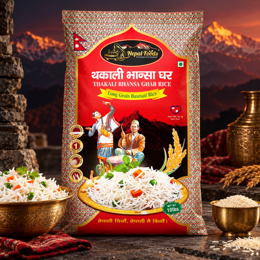 A bag of Nepal Roots Thakali Bhanasa Ghar Long Grain Basmati Rice stands prominently in the center, surrounded by bowls of prepared rice and loose grains, with a rustic mountain backdrop.