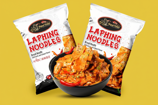 Laphing Noodles 130g packaging — Chilli Garlic and Sichuan flavour broad noodles, available at Your Kathmandu