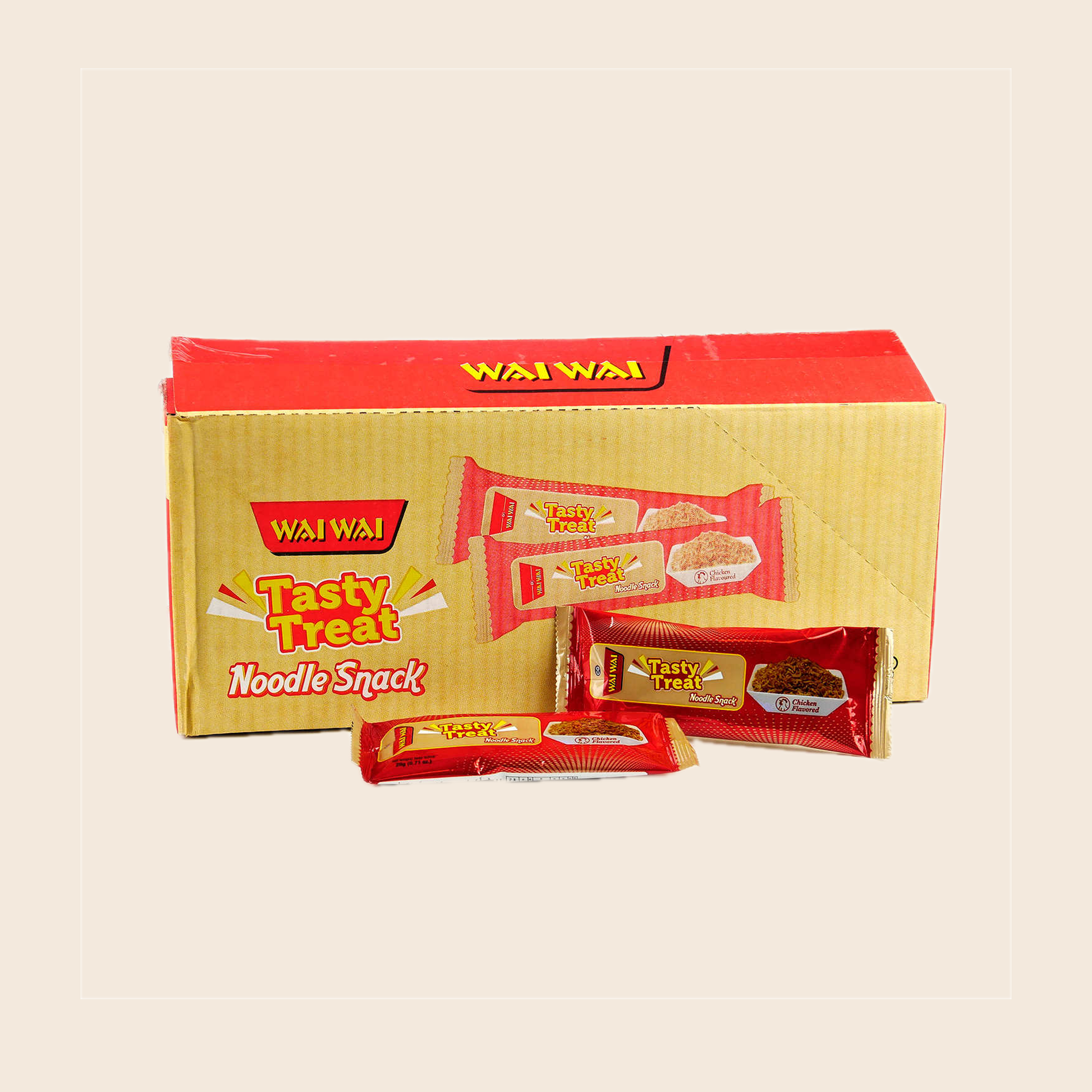 Wai Wai Tasty Treat noodle snack packaging on a beige background