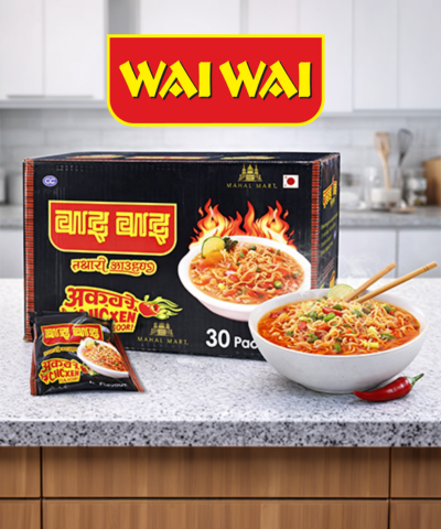 Wai Wai instant noodles packaging with a bowl of noodles on a kitchen counter
