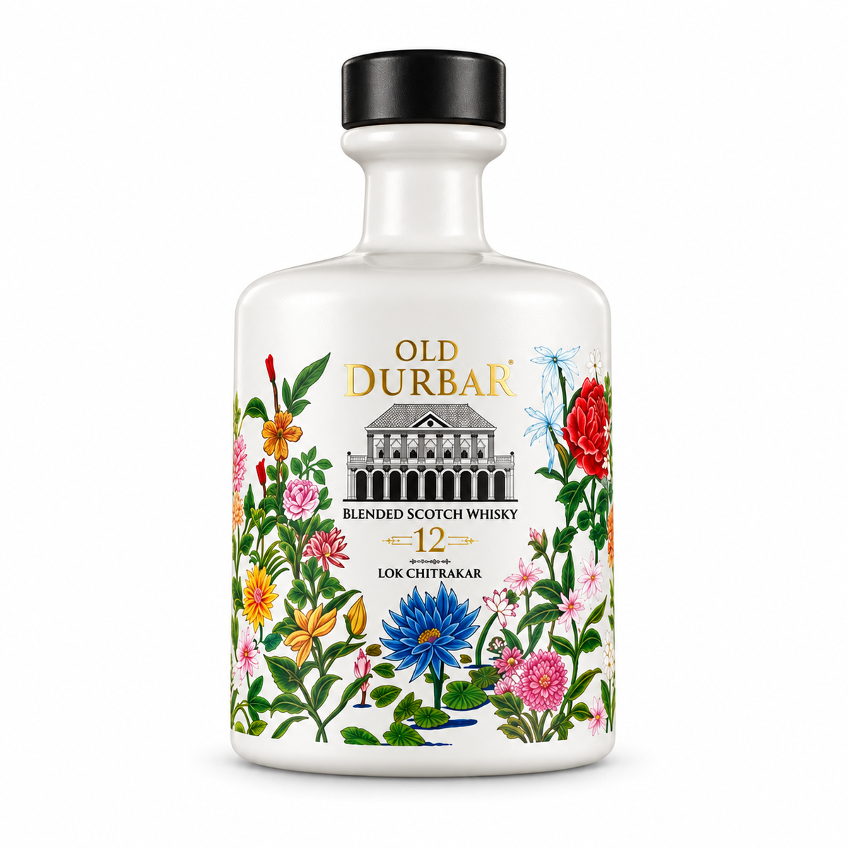 A bottle of Old Durbar 12 Year Lok Chittrak blended Scotch whisky, featuring a white glass bottle with a black cap and a colorful label decorated with various flowers and a black-and-white building illustration.