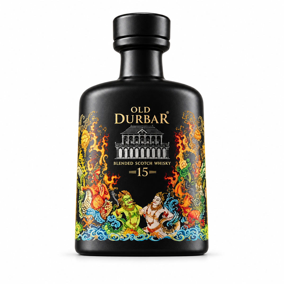 A bottle of Old Durbar 15-year blended Scotch whisky, featuring a matte black bottle with a highly detailed, colorful label depicting classical figures and flames.