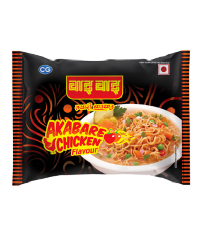 Packaged noodles with 'Akabare Chicken' flavor on a black background