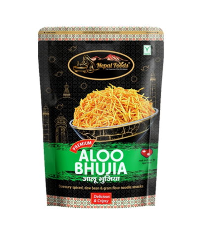 Packaged snack of Aloo Bhujia with branding on a white background