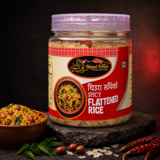 A jar of Nepal Foods Spicy Flattened Rice (Chura Saadheko) displayed on a dark stone slab with whole rice grains, red chilies, curry leaves, and peanuts in the foreground, set against a dark background with a red glow.