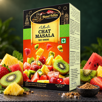 A box of Nepal Foods Authentic Chat Masala spice mix prominently displayed with fresh fruits like pineapple, watermelon, kiwi, and strawberries, along with a small bowl of the ground spice mix on a dark textured surface.