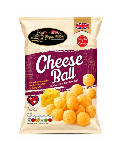 Packaging of Nepal Foods Cheese Ball snack with a purple label and British flag.