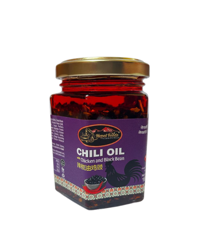 Jar of chili oil with a purple label on a white background