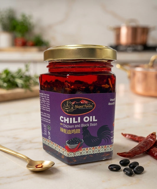Jar of chili oil with a purple label on a kitchen counter