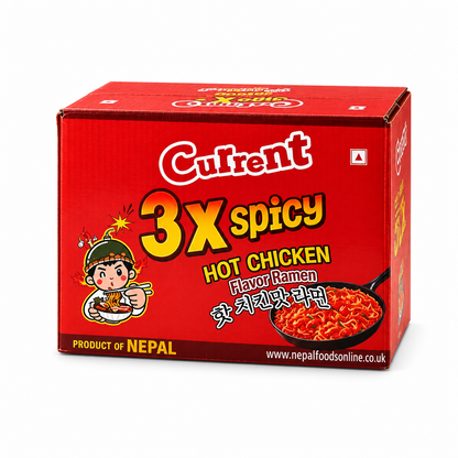 A red box of Current 3X Spicy Hot Chicken Flavor Ramen noodles, featuring a cartoon character and a bowl of spicy red noodles on the front, set against a plain white background.
