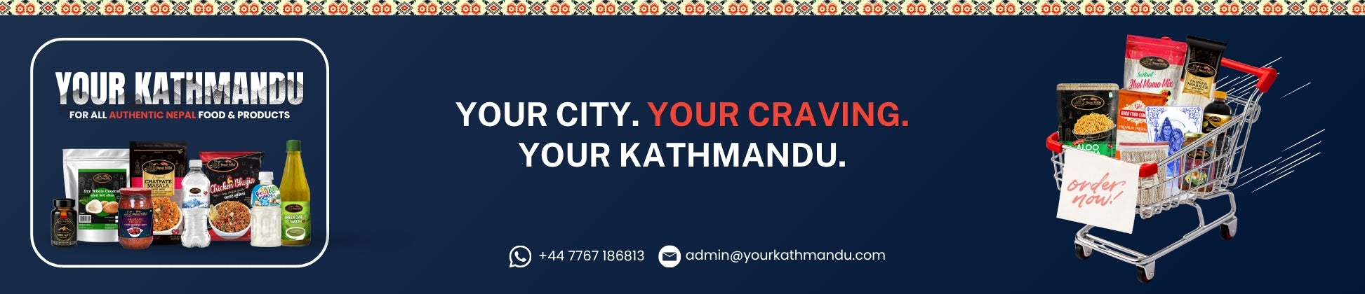 Your Kathmandu- Authentic Nepali grocery store banner with shopping cart and products on a blue background