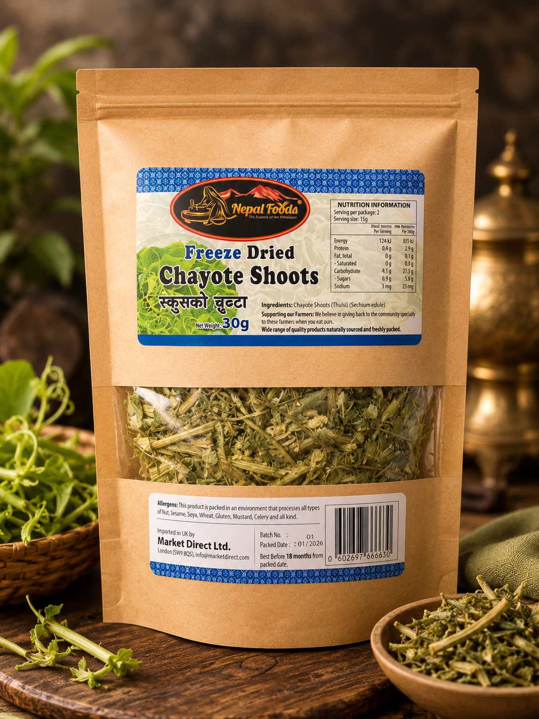 A stand-up pouch of Nepal Foliar Freeze Dried Chayote Shoots, displayed on a rustic wooden surface with fresh greens and a bowl of dried chayote in the foreground.