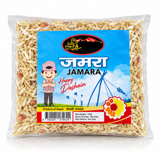 A 100g clear plastic bag of Jamara (Jhambar) for dashain puja inside with a colorful blue, red, and yellow label on the front.