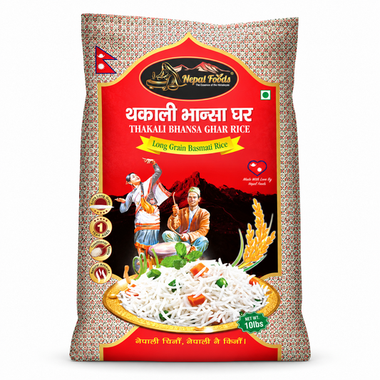 A 5kg bag of Nepal Fableda Thakali Bhansa Ghar Long Grain Basmati Rice, featuring a red and gold packaging design with traditional Nepalese illustrations and a plate of cooked rice at the bottom.