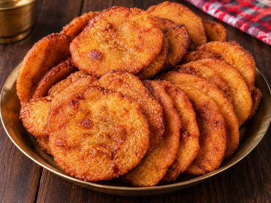 Golden-brown fried plantain slices piled on a round metal plate, set on a dark wooden table with a red-and-white checkered cloth in the background.