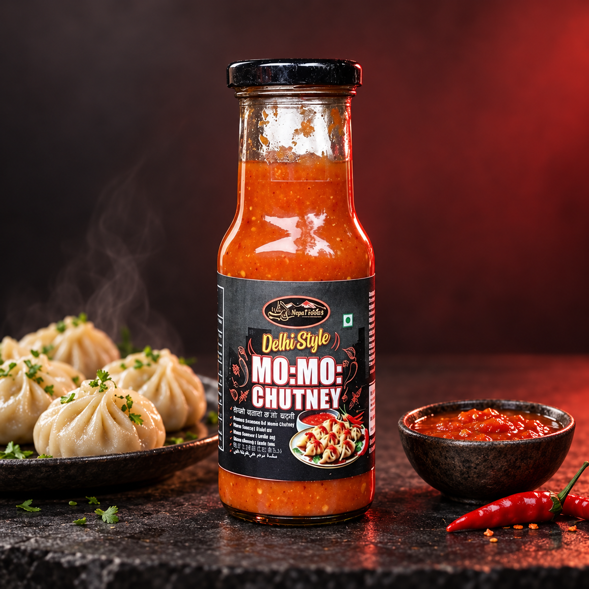 A bottle of Lahoriwala Delhi Style Mo-Mo Chutney stands on a dark stone surface, flanked by steaming dumplings on the left and a small bowl of red chutney with a chili on the right. The background is a dark, moody studio setting with red lighting.