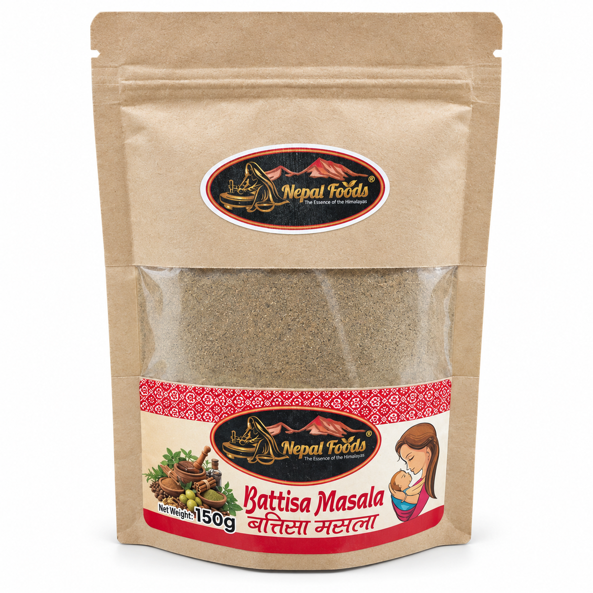 A 150g stand-up pouch of Nepal Foods Battisa Masala spice blend, featuring a brown kraft paper bag with a clear window showing the brownish-green powder inside.
