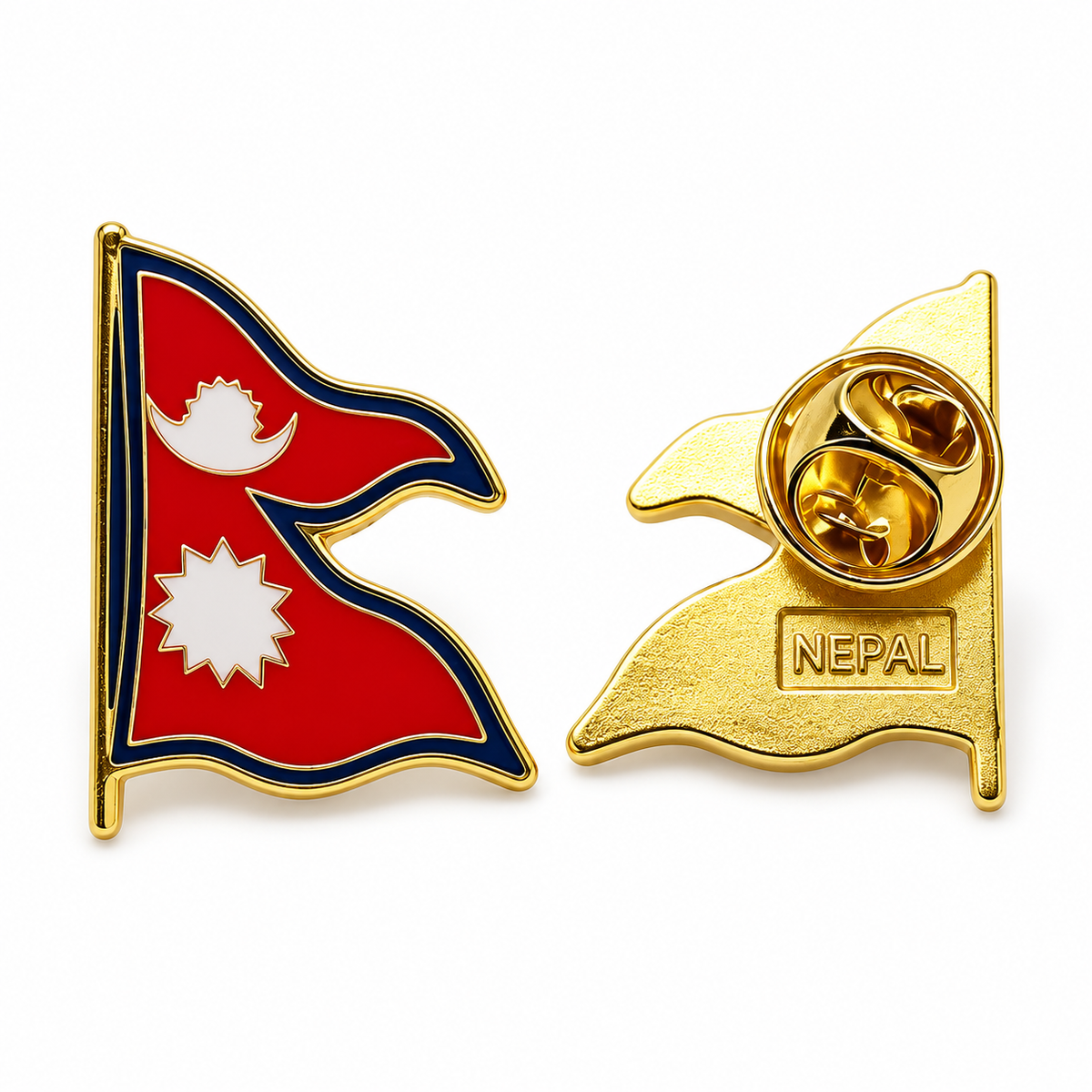 A pair of Nepal flag lapel pins on a white background, showing both the front flag design and the gold-toned metal backing with two pin fasteners and the word 'NEPAL' engraved.