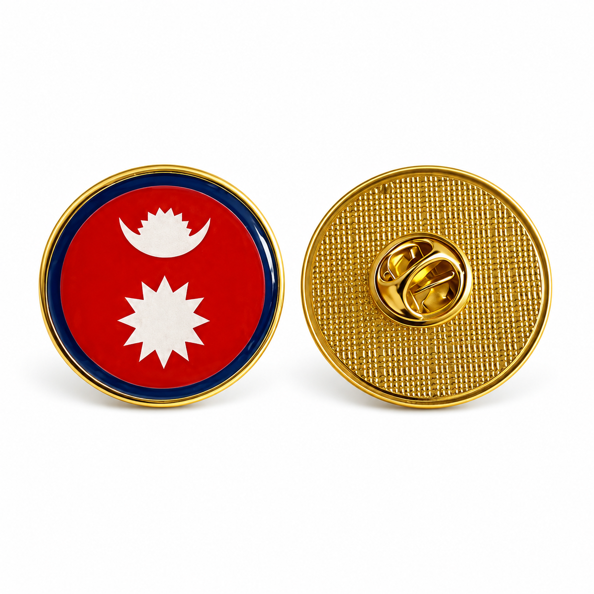 Two circular lapel pins shown side by side on a white background. The left pin shows the front design with a red field, a white emblem, and a dark blue ring, bordered in gold.