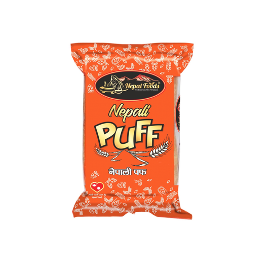 Orange packaging of Nepali Puff with branding on a white background