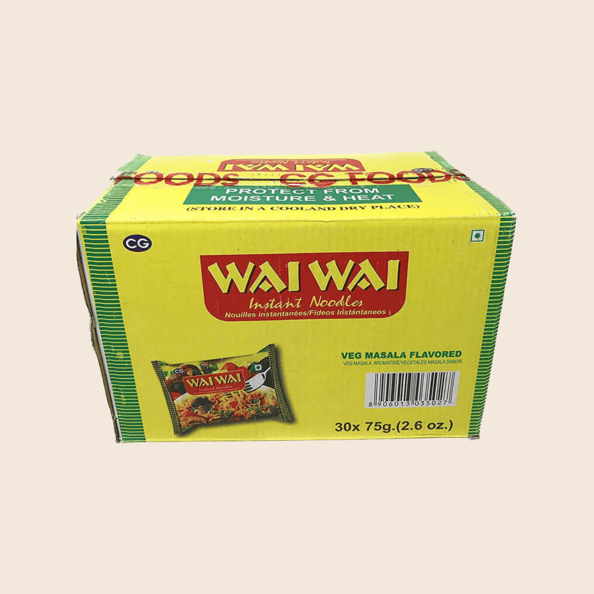 Box of Veg Wai Wai instant noodles with yellow and green packaging on a beige background