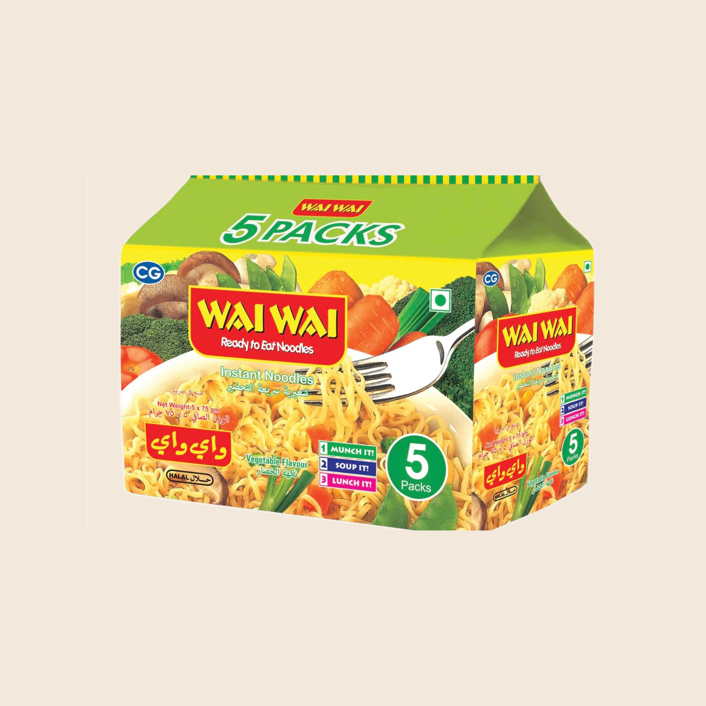 Packaging of Wai Wai noodles with a beige background