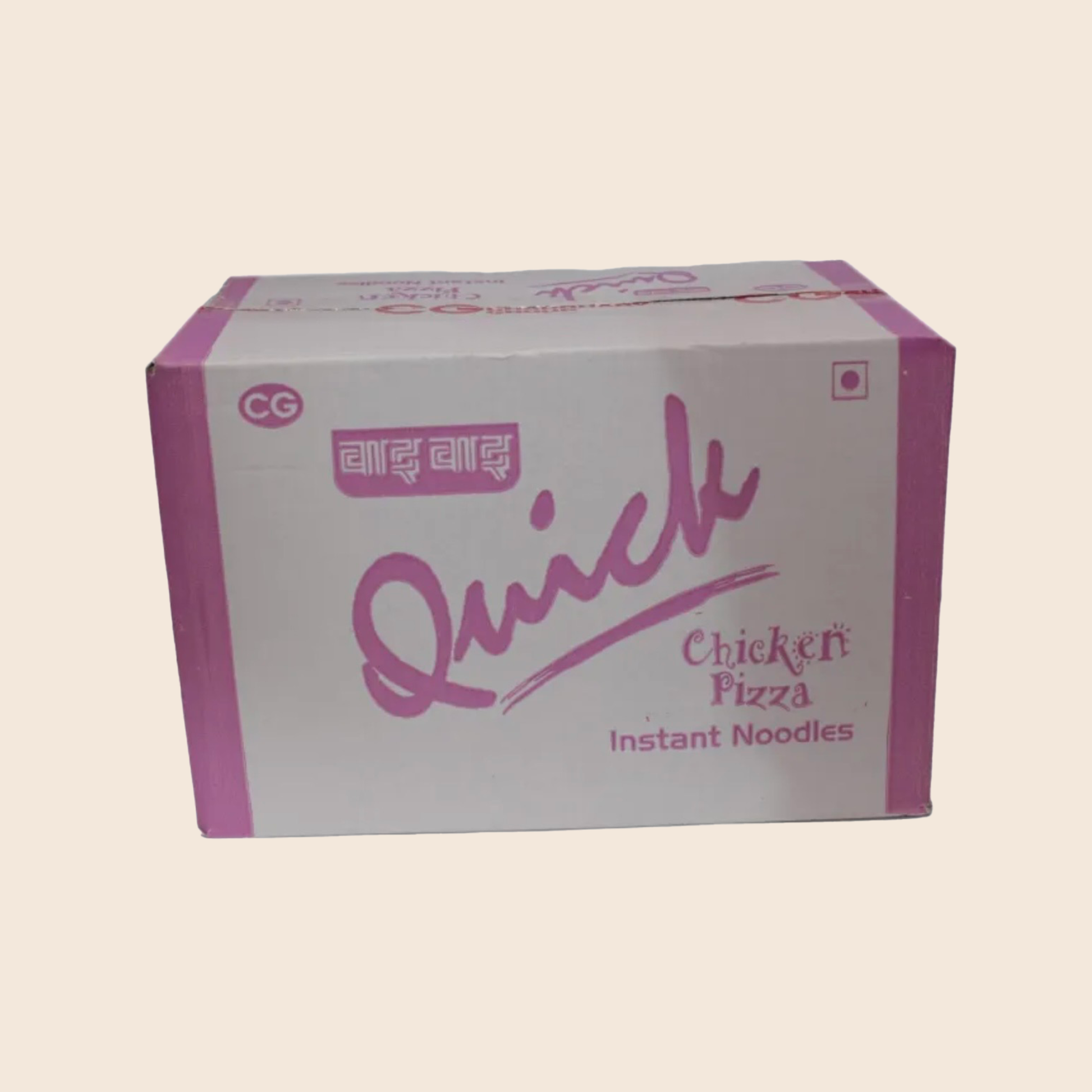 Box of CG Quick Chicken Pizza instant noodles on a beige background