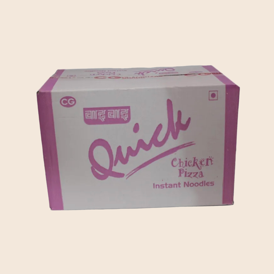 Box of CG Quick Chicken Pizza instant noodles on a beige background