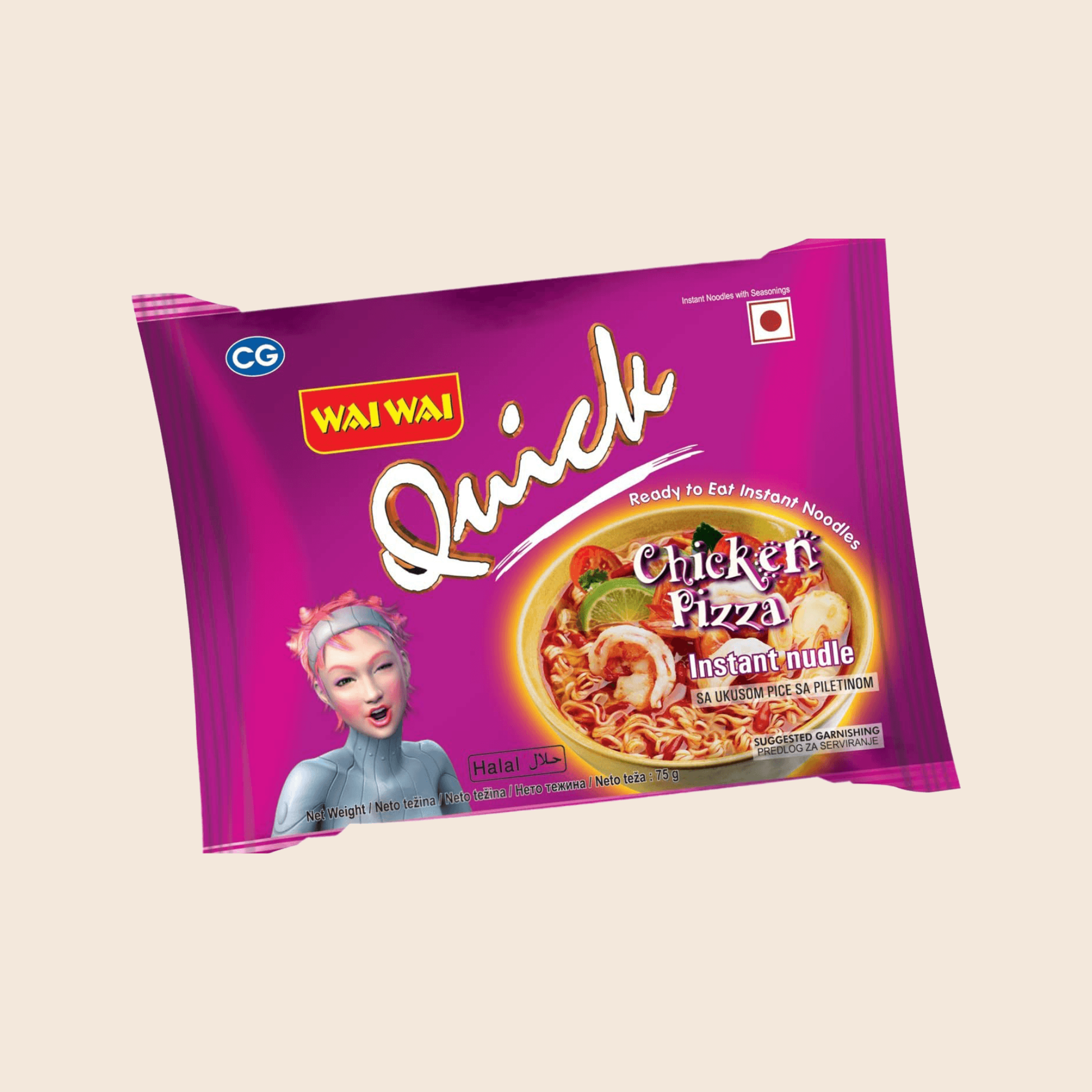 Wai Wai Quick Chicken Pizza instant noodle package on a beige background
