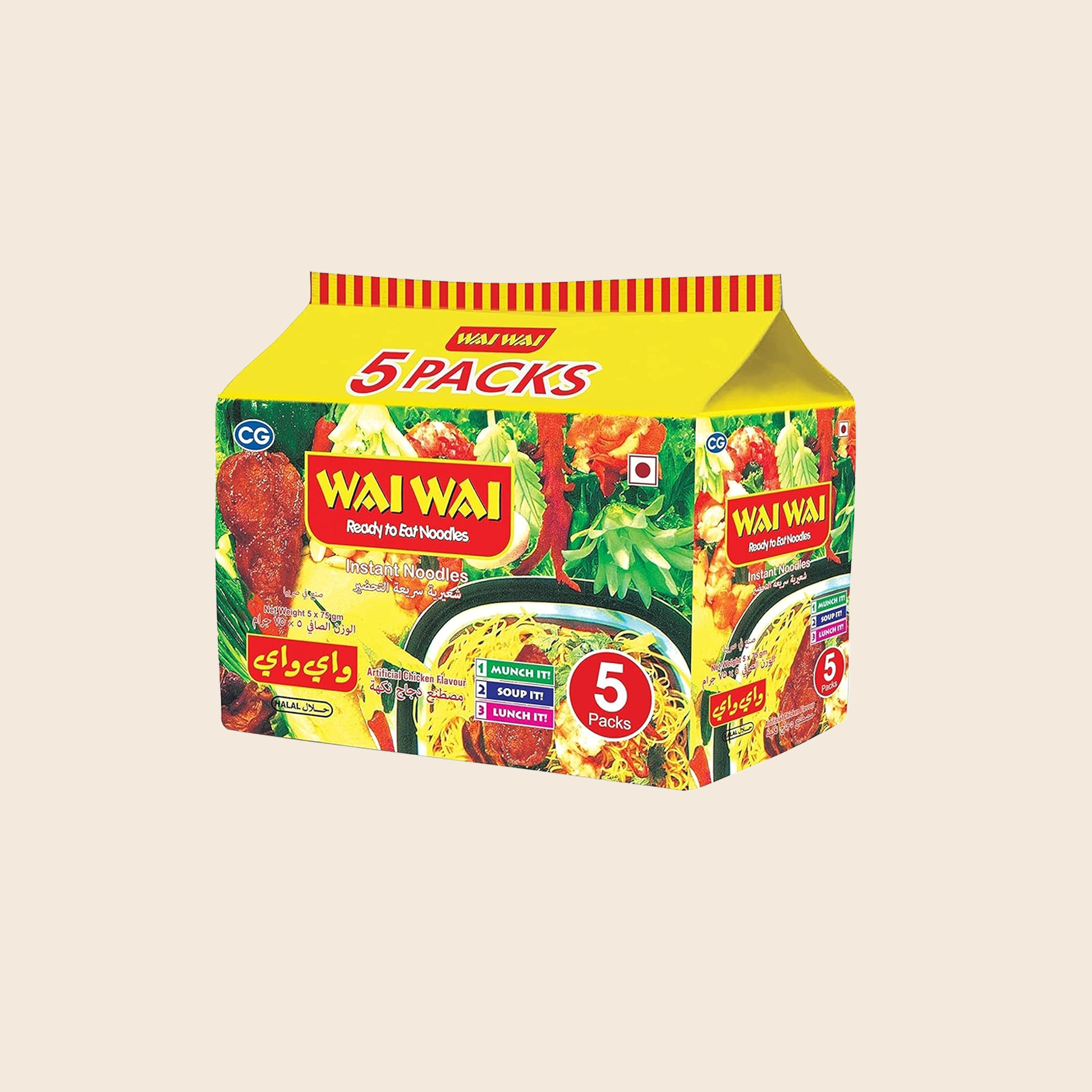 Wai Wai noodles packaging with 5 packs on a beige background