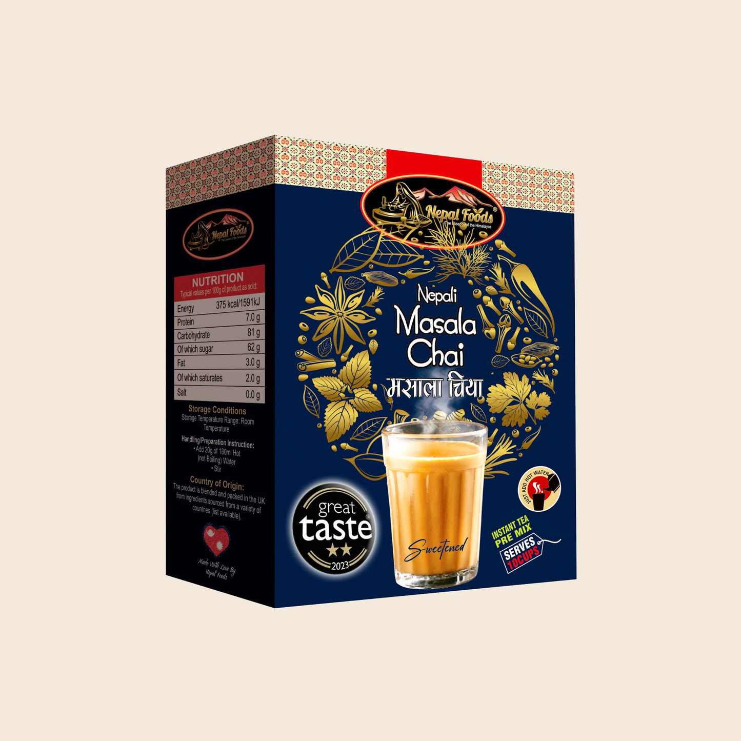 Nepali Masala Chai packaging with a glass of chai on a beige background