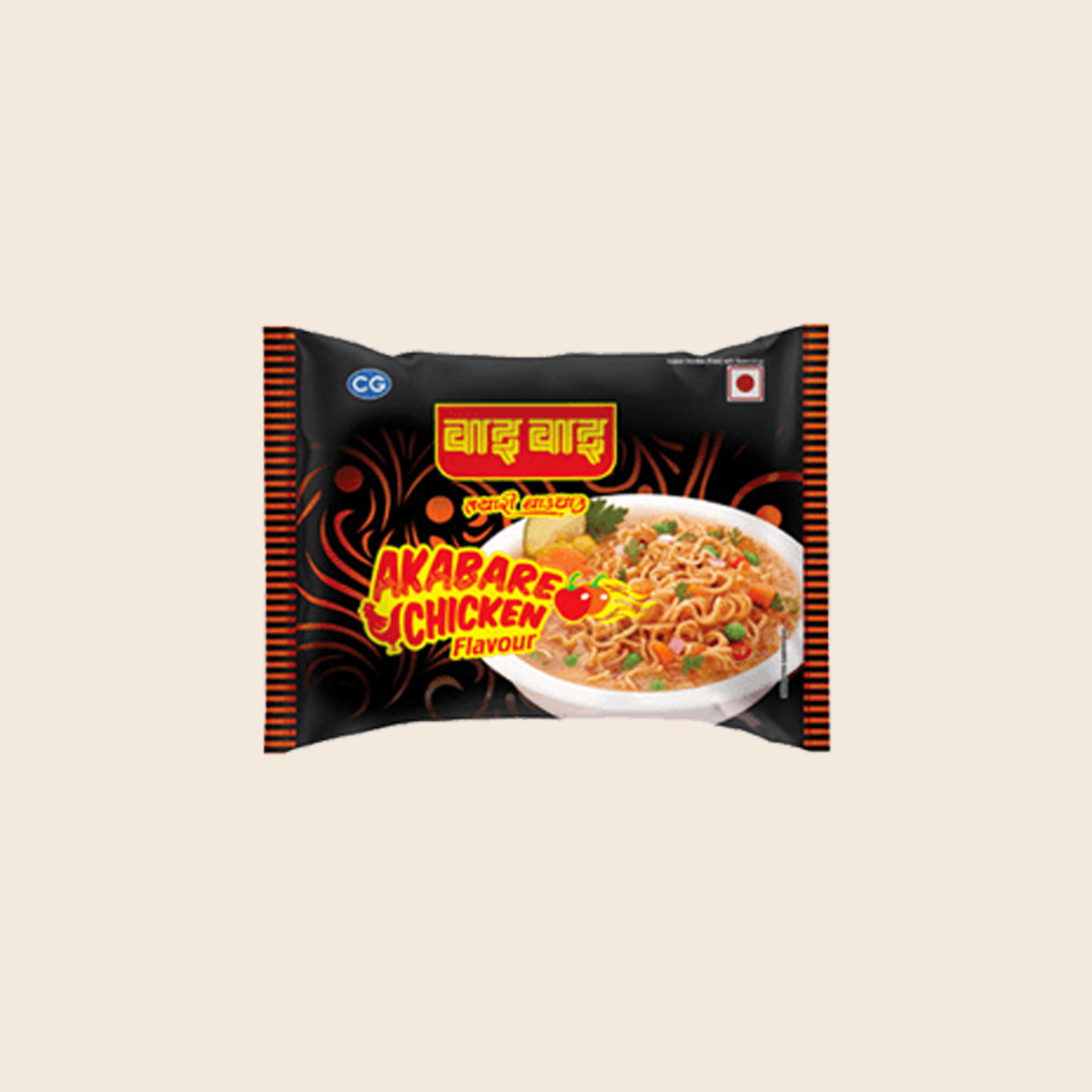 Packaged food product with branding and flavor indication on a beige background