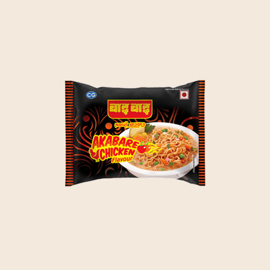 Packaged food product with branding and flavor indication on a beige background