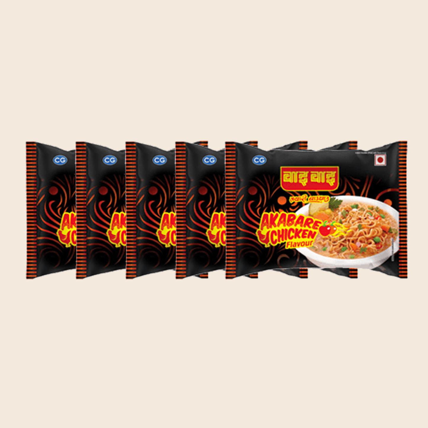 Packaging of Akabare Chicken flavour noodles with branding on a beige background