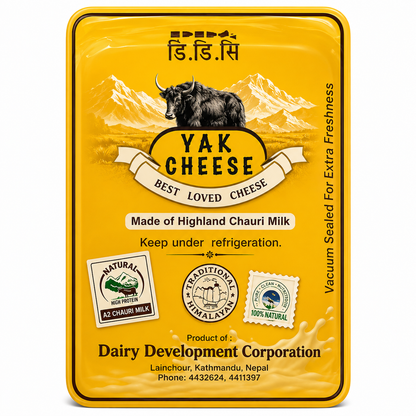 Yak cheese packaging with mountain and yak illustration on a yellow background