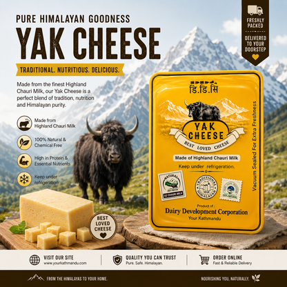 Advertisement for yak cheese with a mountainous background and packaging details.
