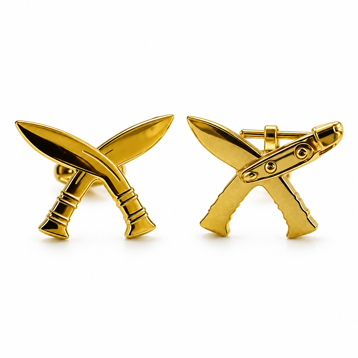 A pair of gold-tone cufflinks shaped like crossed swords, shown on a clean white background with one front-facing and one side-profile view.