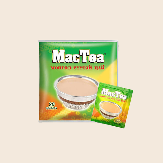 MacTea packaging with a cup of tea on a beige background