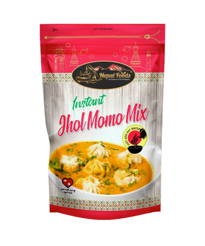 Packaging of Instant Jhol Momo Mix with a red and white design on a white background
