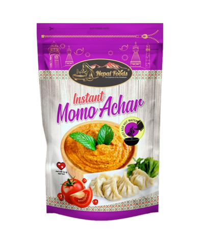 Packaging of Instant Momo Achar with a purple and white design, featuring images of food items.
