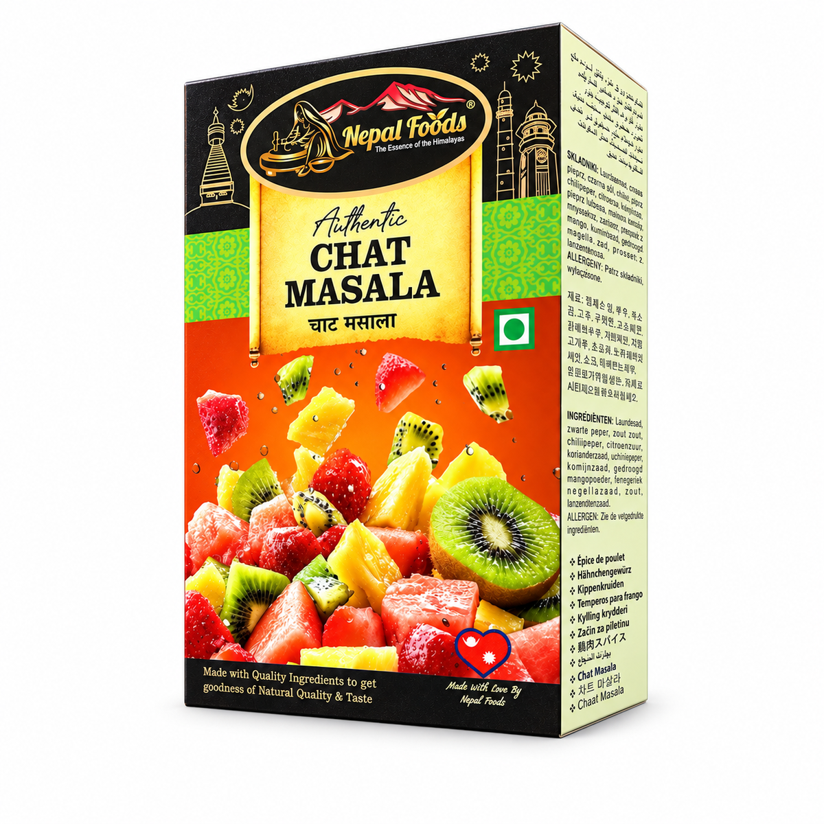 A box of Nepal Foods Authentic Chat Masala spice mix, featuring a colorful design with illustrations of fruits and the Nepal Foods logo, set against a plain white background.