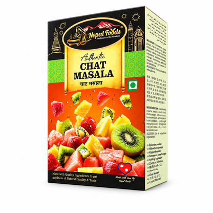 A box of Nepal Foods Authentic Chat Masala spice mix, featuring a colorful design with illustrations of fruits and the Nepal Foods logo, set against a plain white background.
