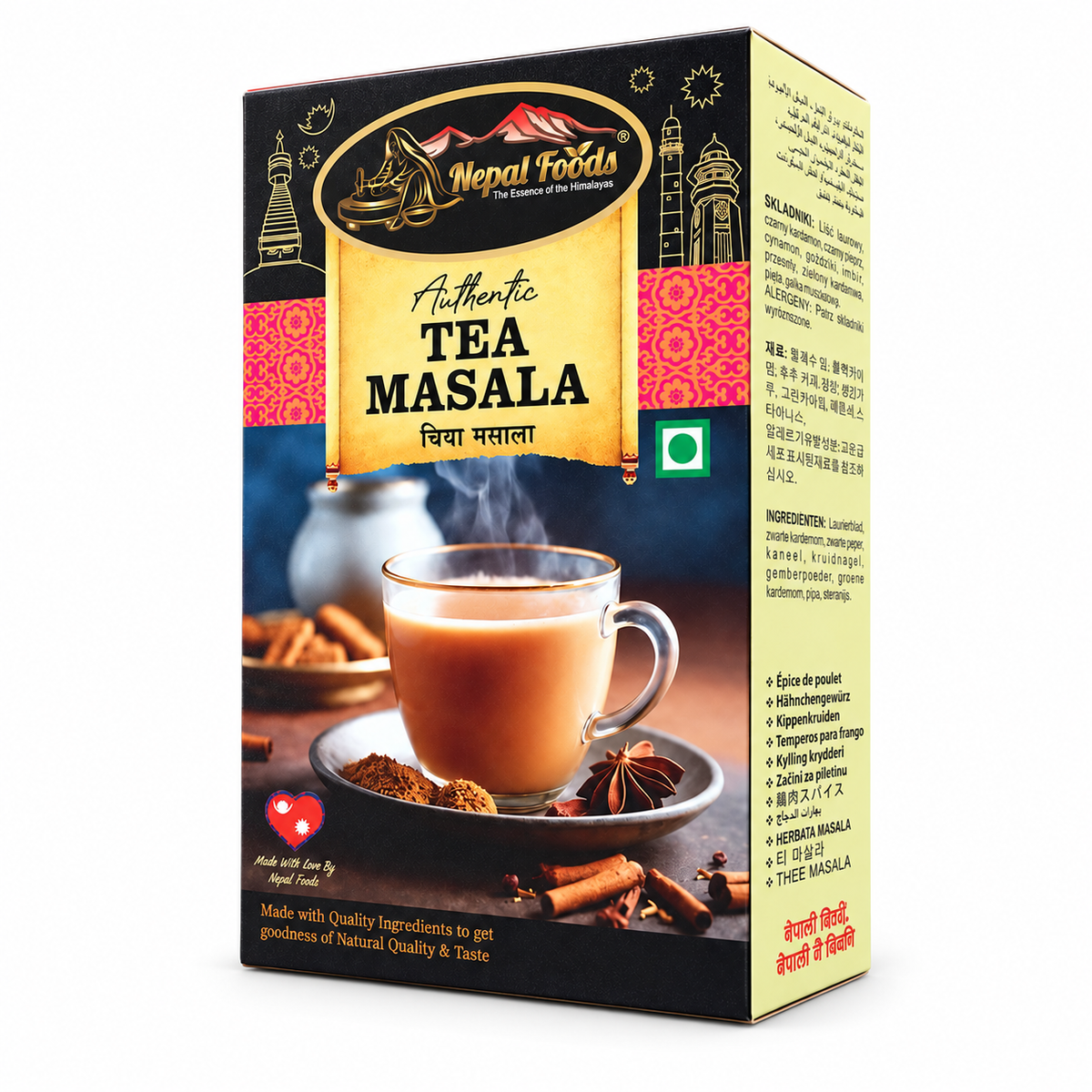 A box of Nepal Foods Authentic Tea Masala, featuring a warm beige and black design with a central image of a steaming cup of tea, cinnamon sticks, and star anise.